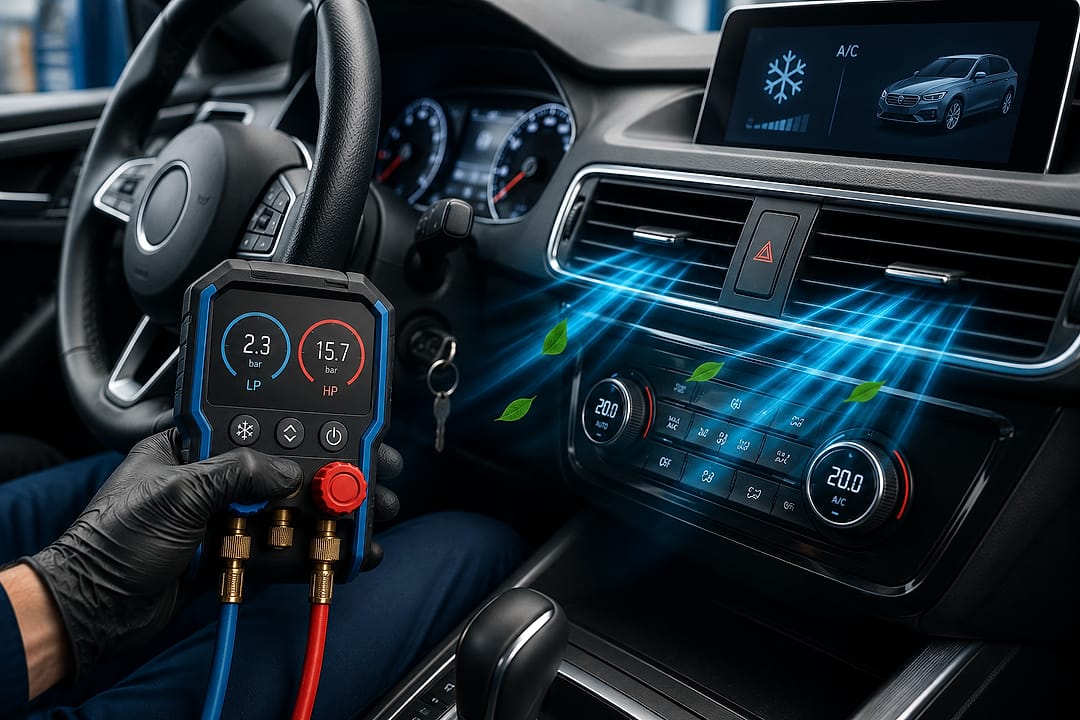 Symbolbild: Hand mit Handschuh hält ein digitales Manometer mit den Werten 2,3 bar und 15,7 bar vor dem Armaturenbrett eines Fahrzeugs, die Klimaanlage ist auf 20 Grad eingestellt