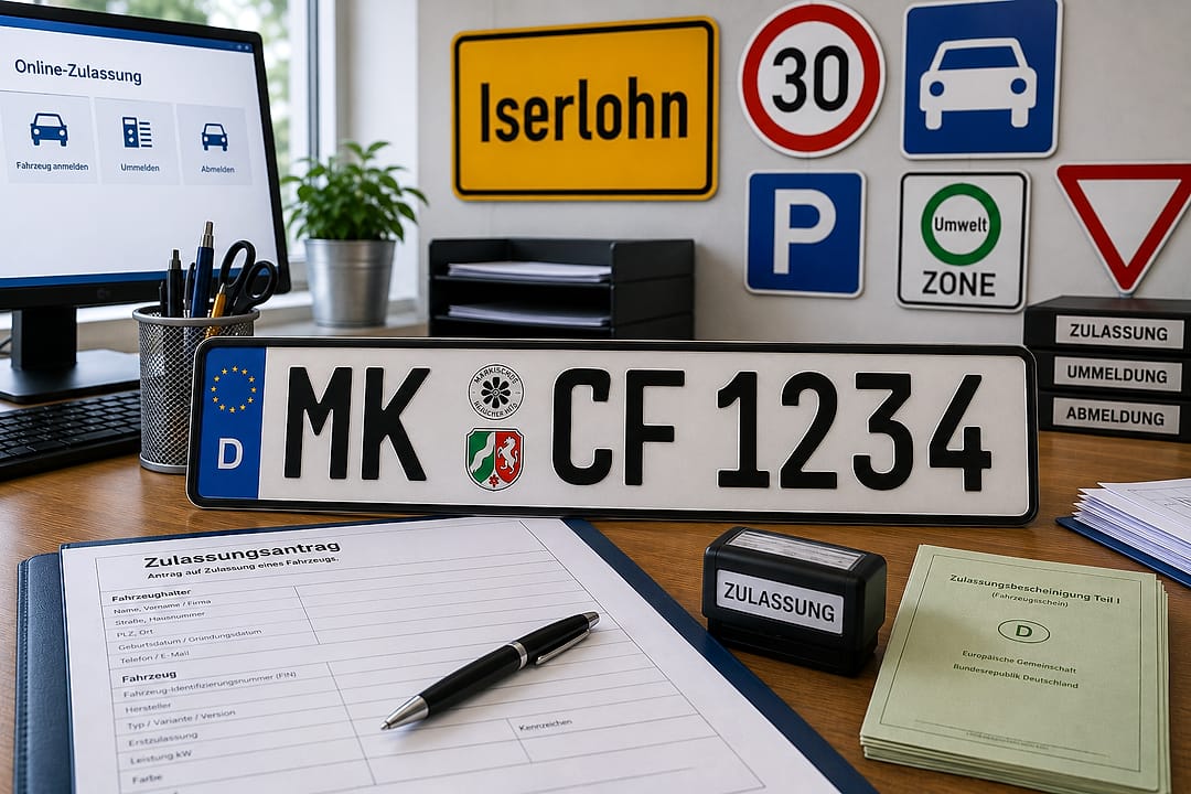 Symbolbild: Schreibtisch mit einem Kennzeichen des Märkischen Kreises, einem Zulassungsantrag, einem Stempel und Zulassungsbescheinigungen
